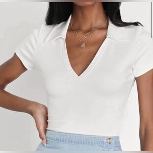 Lulu's White collared V-Neck Short Sleeve Top